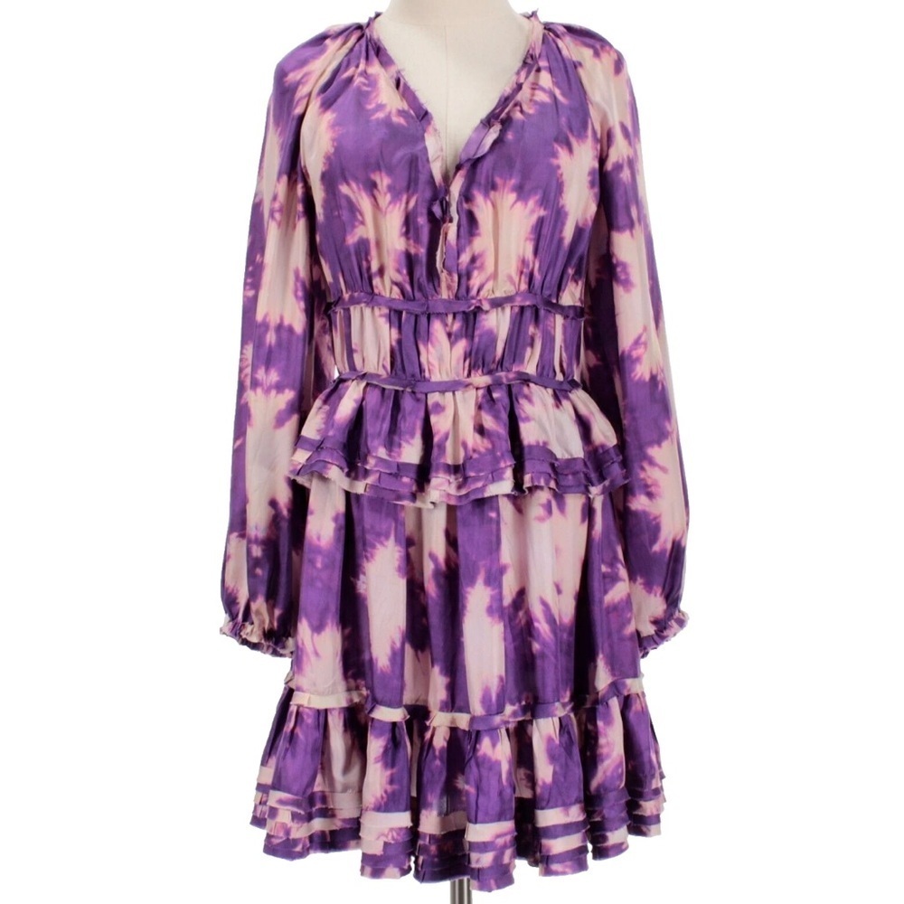 Ulla Johnson Emery Silk Ruffle Long Sleeve Mini Dress Purple Shibori Size 0 NWOT - Picture 7 of 15
